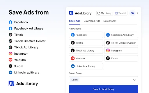 AdsLibrary: I-save ang Facebook, TikTok, at IG Ads sa Isang Click - Screenshot 1